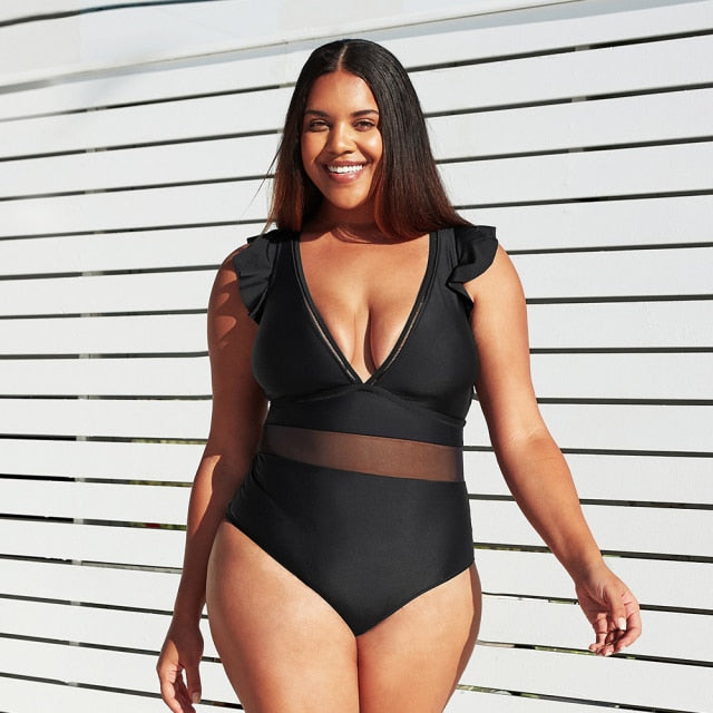 SEASELFIE Black Mesh V-Neck One Piece Swimsuit Women Large Size